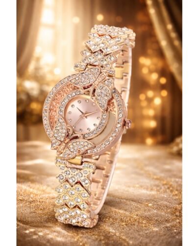 Shivilex Rose Gold Leaf Diamond Bracelet Watch