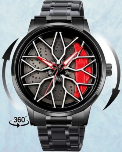 Men's Car Wheel Watch with Spinning Car Rim Hub Design|| Analog Stainless Steel || Quartz Movement|| Water Resistant, Scratch Resistant (RED)