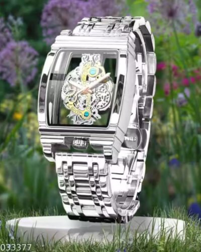 Men's Luxury Hollow Skeleton Watch Retro Gorgeous Gear Carving Design Rectangle Tonneau Large Dial Leather Belt & Stainless Steel Band