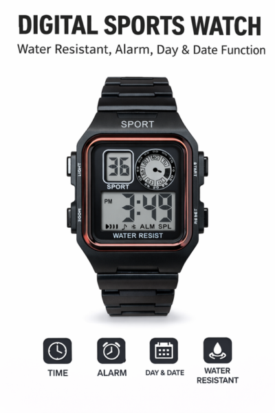 Digital Sports Watch with Alarm, Day & Date and Water Resistant Design
