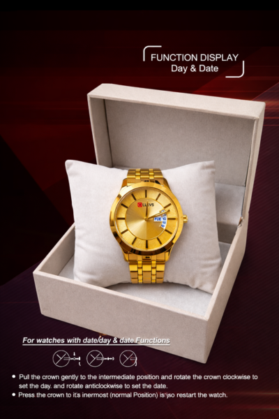 Shivilex Gold Dial Day & Date Men’s Watch with Stainless Steel Strap