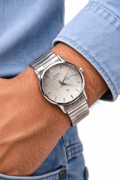 Shivilex Quartz Silver Dial Day & Date Men’s Stainless Steel Watch